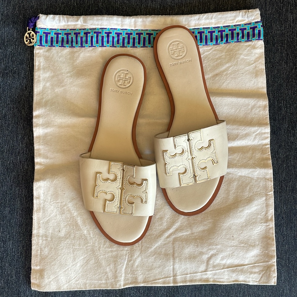 Tory Burch Double T Cream Slide Sandals 6,5 With Dust Bag Classic Classy